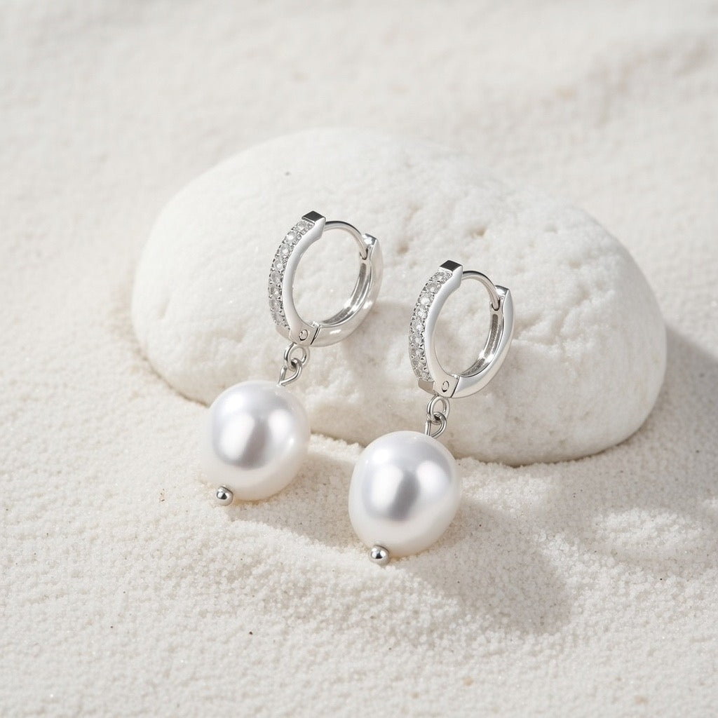 Lucy ~ Silver Freshwater and CZ stone Huggies image 2