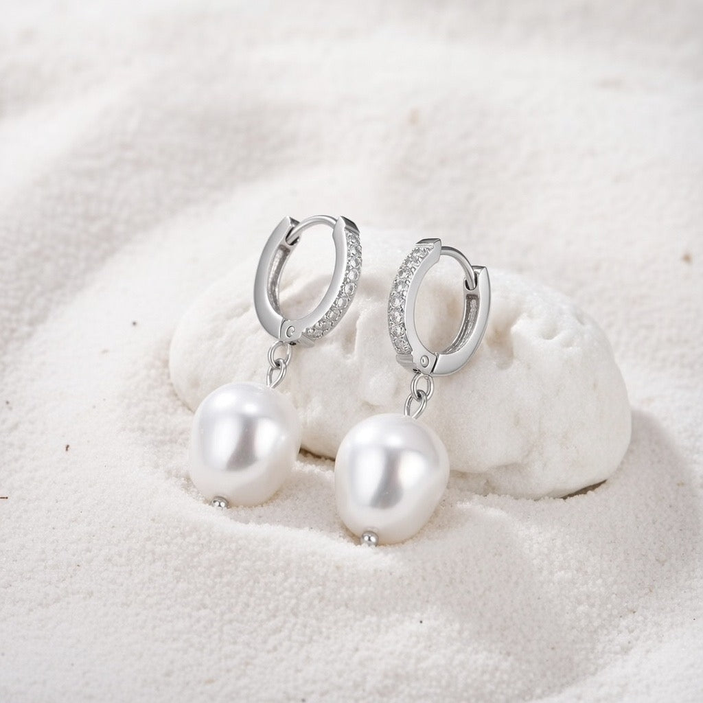 Lucy ~ Silver Freshwater and CZ stone Huggies image 5