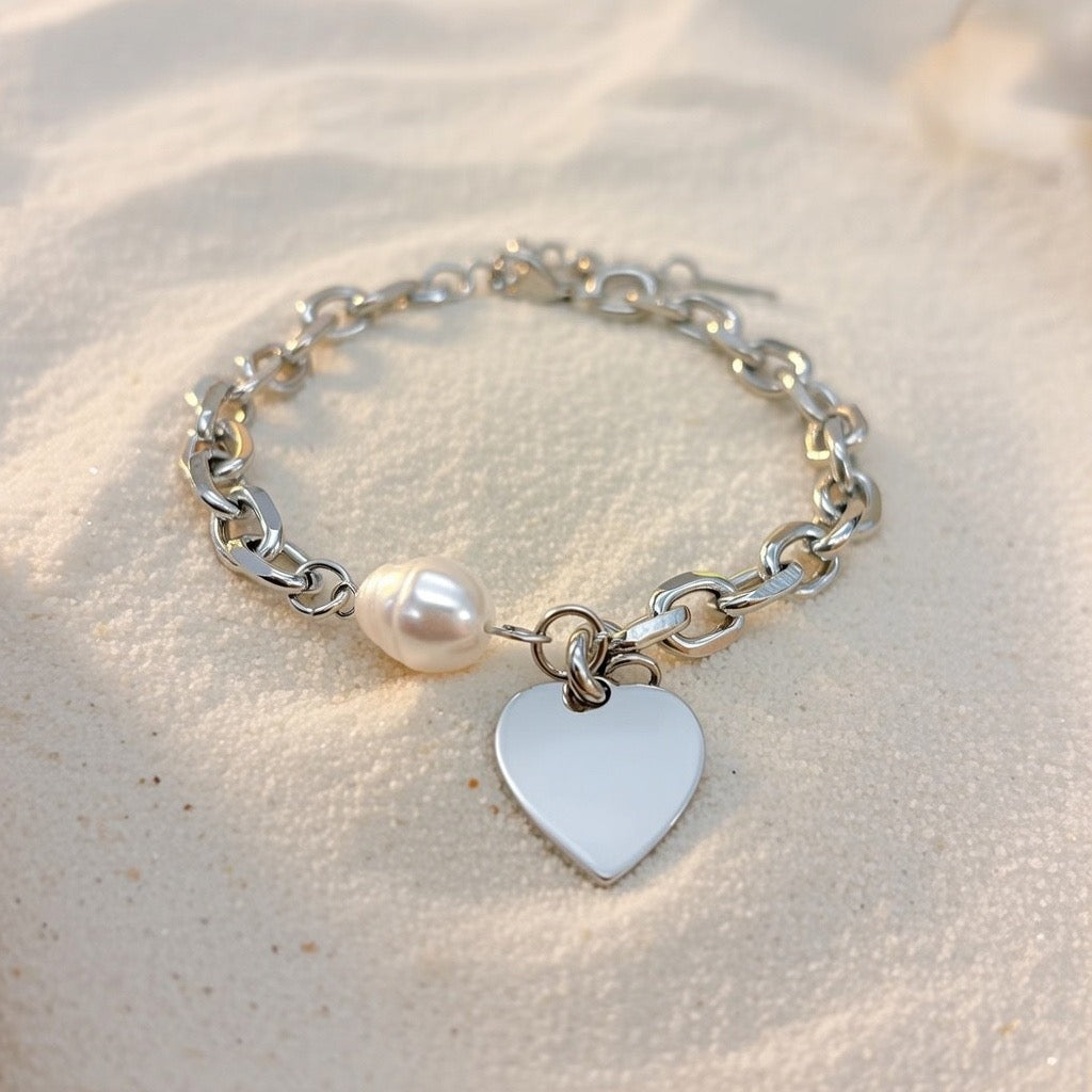 Violet ~ Silver pearl and heart bracelet image 2
