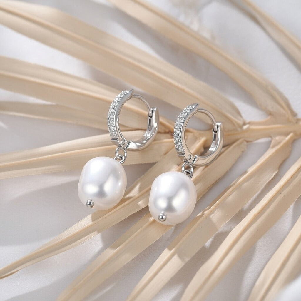 Lucy ~ Silver Freshwater Pearl Huggies image 1