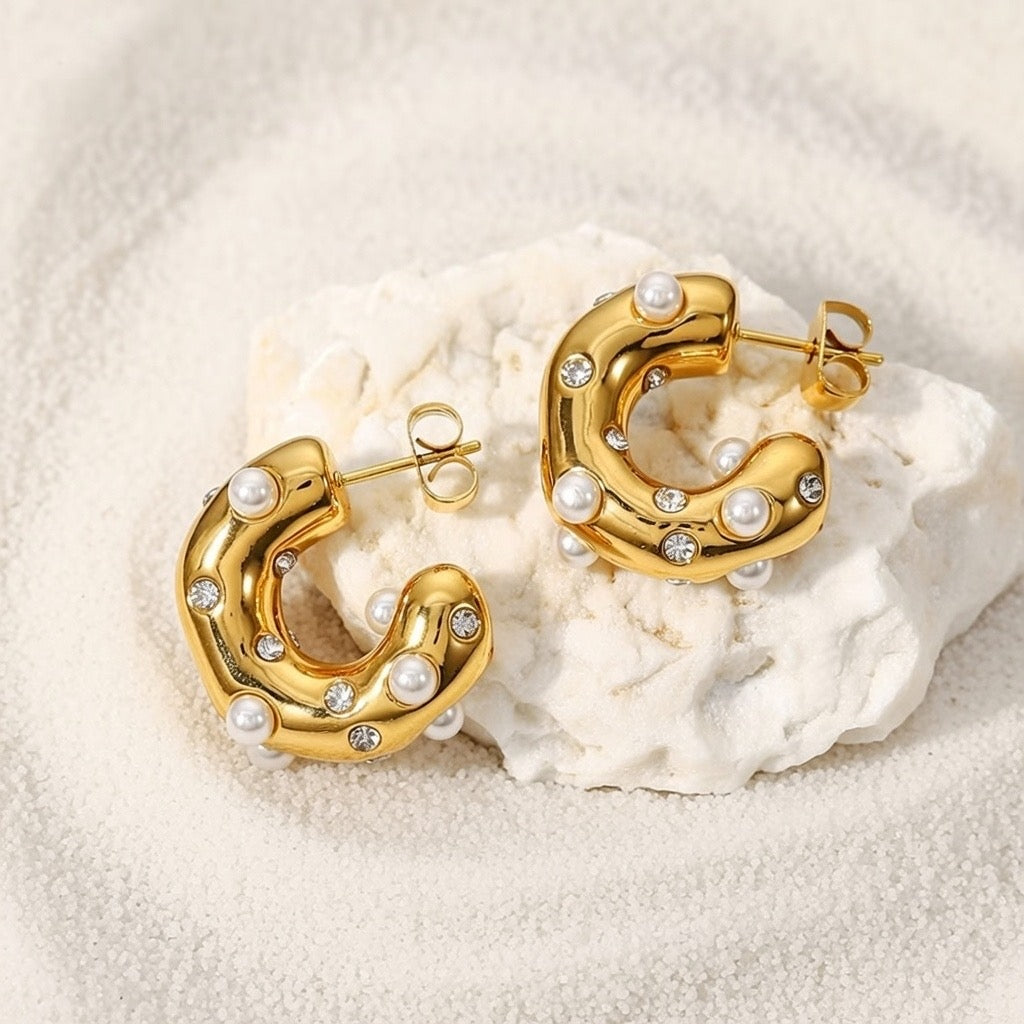 Melanie ~ Half hoop CZ and Pearl earrings image 1