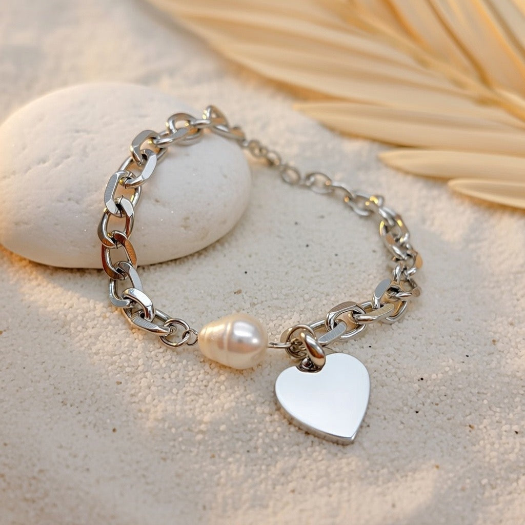 Violet ~ Silver pearl and heart bracelet image 3
