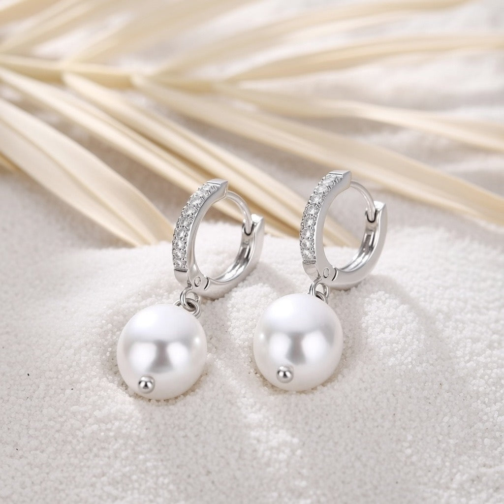 Lucy ~ Silver Freshwater and CZ stone Huggies image 1