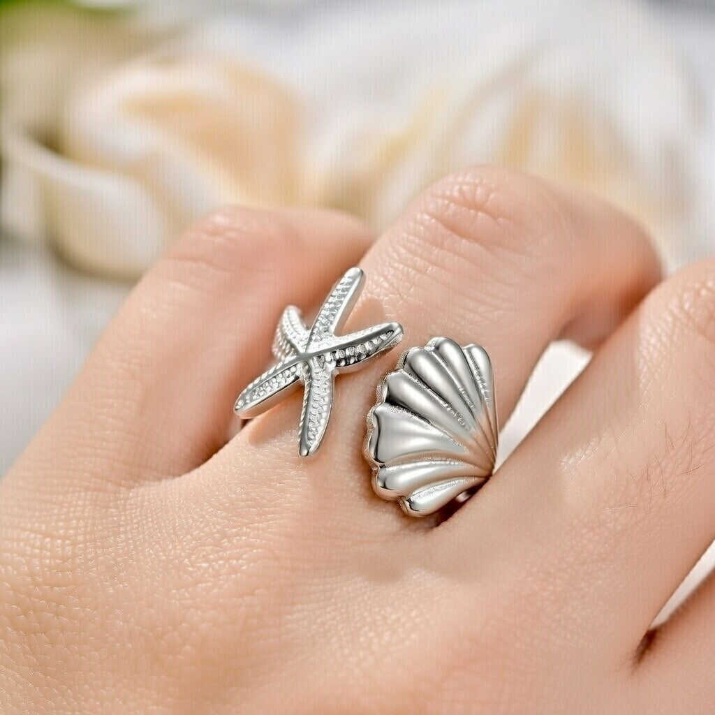 Reni ~  Silver seashell and starfish ring image 1