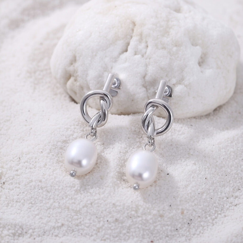 Zemira ~ Silver Knot pearl earrings image 1