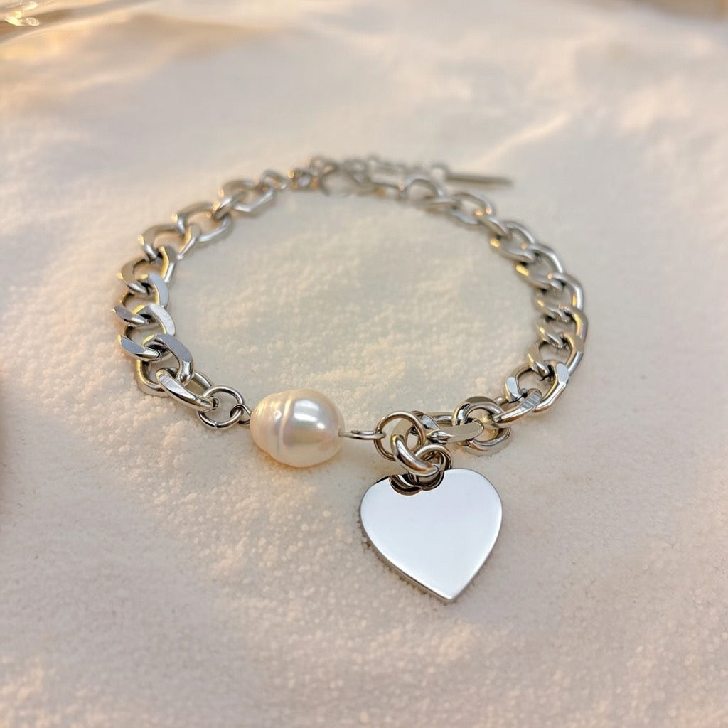 Violet ~ Silver pearl and heart bracelet image 4