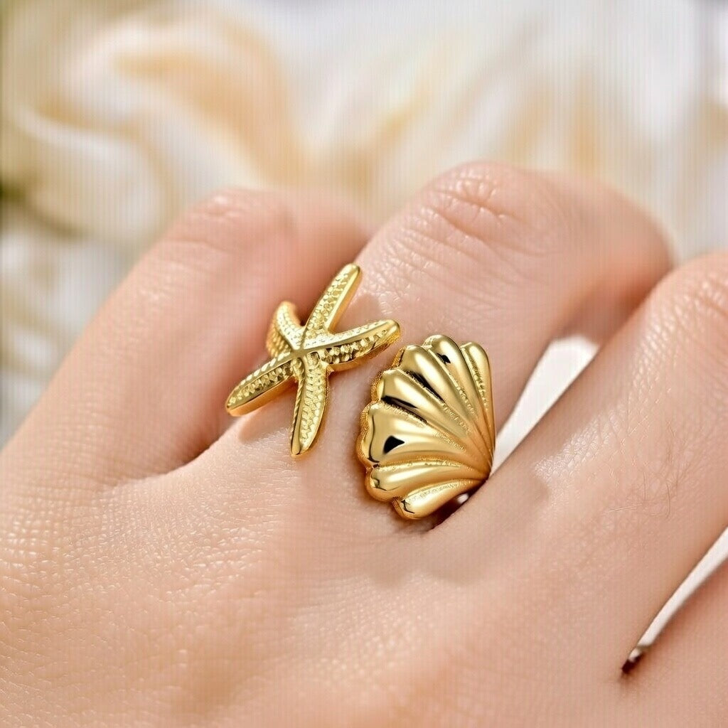 Reni ~ Gold seashell and starfish ring image 1