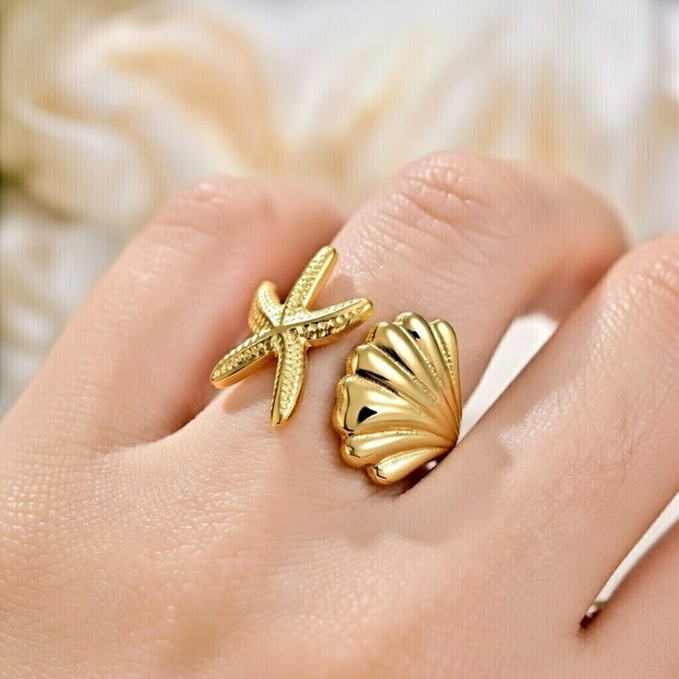 Reni ~ Gold seashell and starfish ring image 1