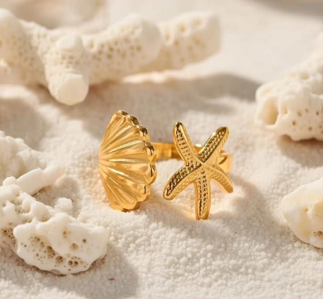 Reni ~ Gold seashell and starfish ring image 2