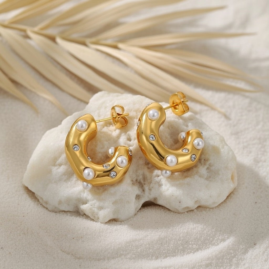 Melanie ~ Half hoop CZ and Pearl earrings image 2
