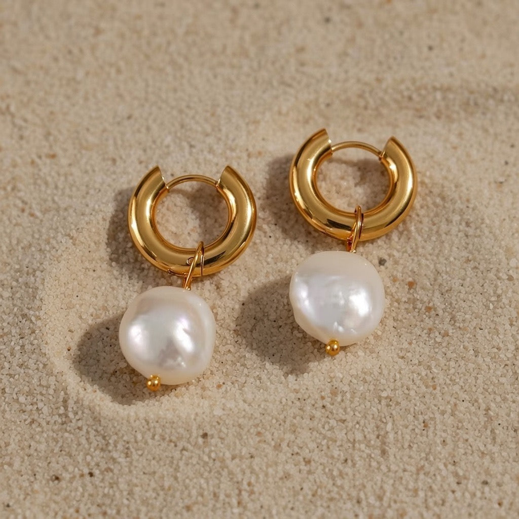 Evie ~ Chunky Hoop Freshwater Pearl Earrings image 2