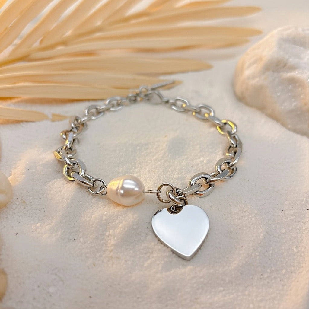 Violet ~ Silver pearl and heart bracelet image 1