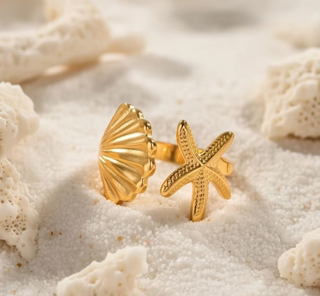 Reni ~ Gold seashell and starfish ring image 0