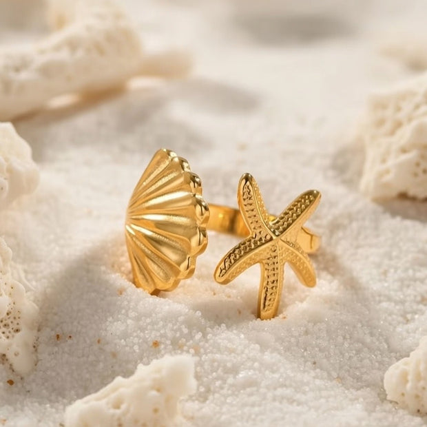 Reni ~ Gold seashell and starfish ring image 0